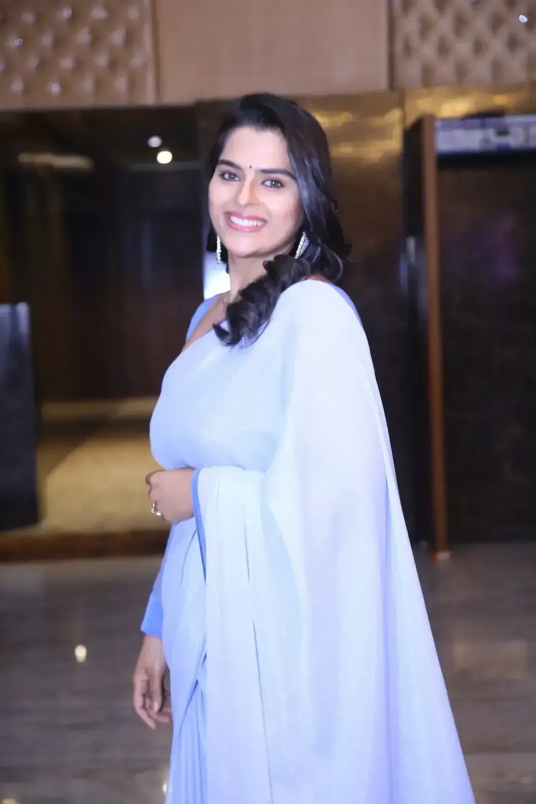 Kavya Kalyanram In Blue Saree At Ustaad Pre Release Event